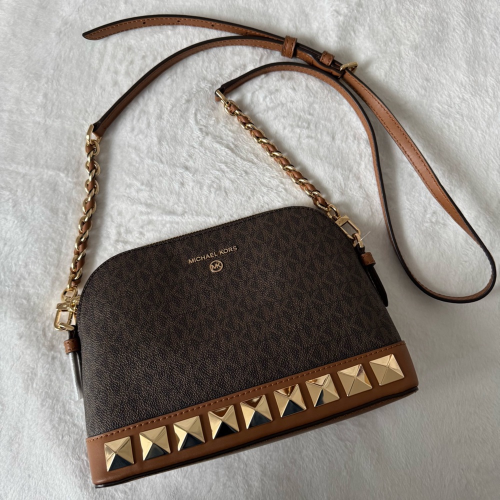 Michael Kors Dark Brown Crossbody Bag with Gold Studs
